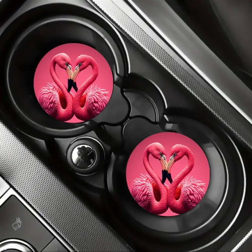 2PCS Pink Heart & Flamingo Car Cup Coasters - Stylish Anti-Slip, Universal Fit